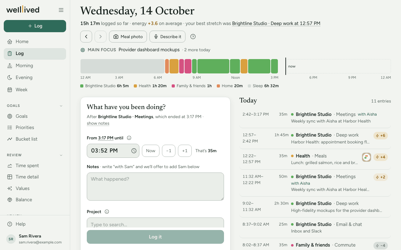 The Log page: today's timeline coloured by project, the form for logging what you've been doing, and today's entries with their energy ratings
