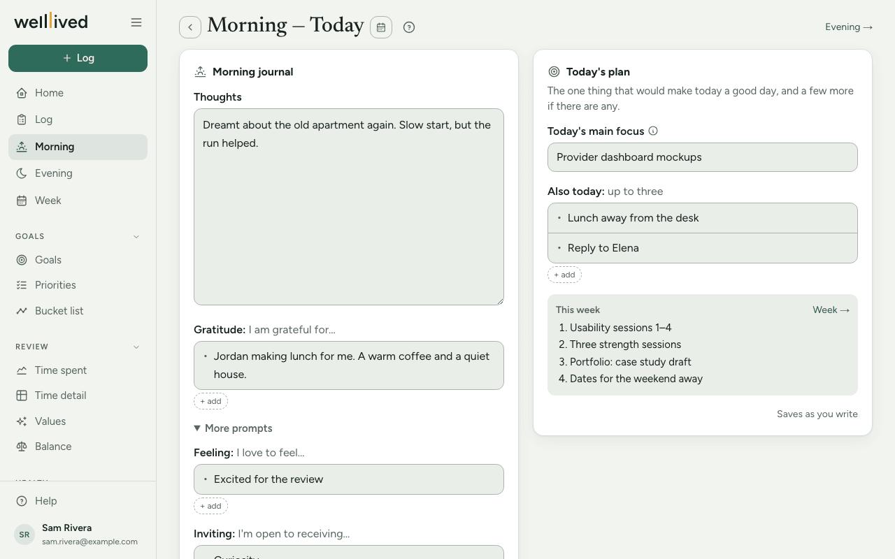 The Morning page: the Morning journal with thoughts and gratitude on the left, and Today's plan with the main focus and this week's priorities on the right